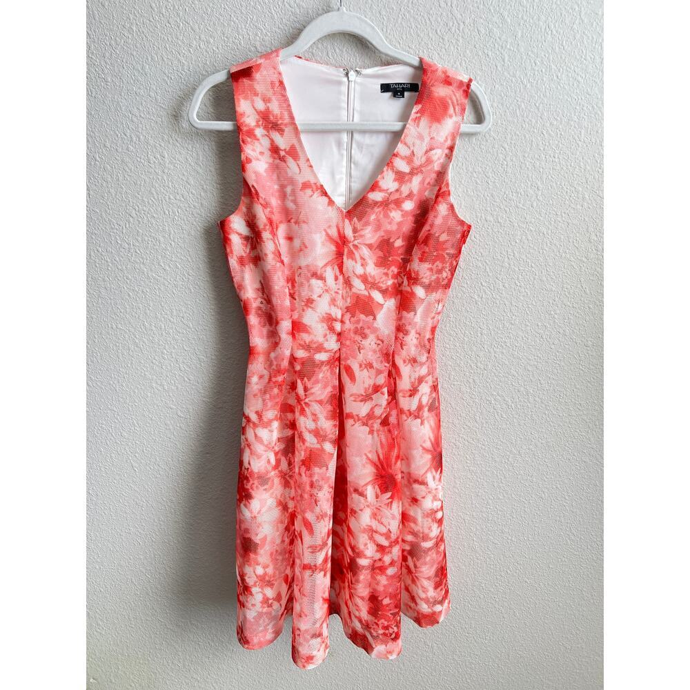 Tahari ASL Pink Floral Fit & Flare Dress Women's 4 Sleeveless Mesh Formal Party
